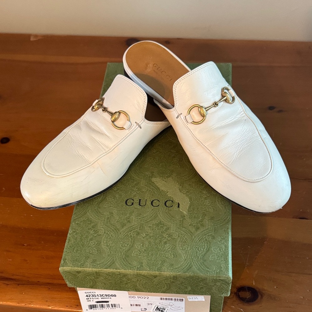 Gucci White Leather Slip-On Loafers with Gold Accents